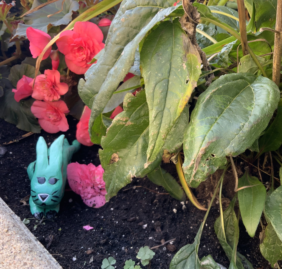 Une sculpture de lapin turquoise à côté d’une plante aux fleurs roses